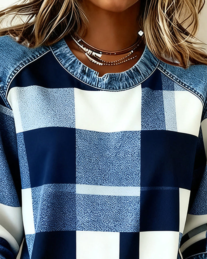 Oriane | Sweatshirt avec Patchwork à Carreaux et Couleur Contrastée