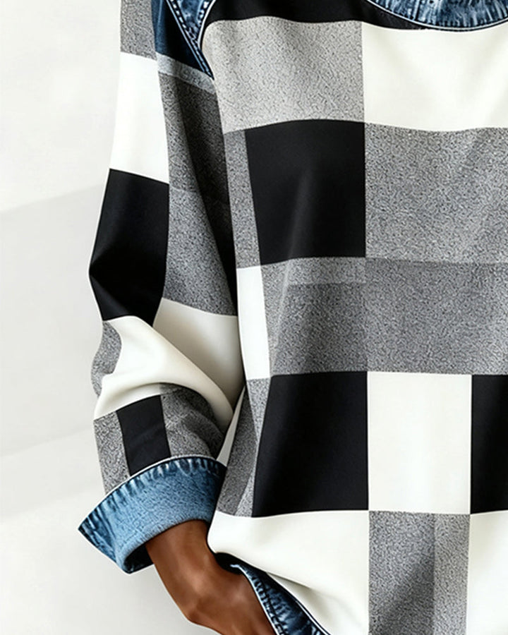 Oriane | Sweatshirt avec Patchwork à Carreaux et Couleur Contrastée