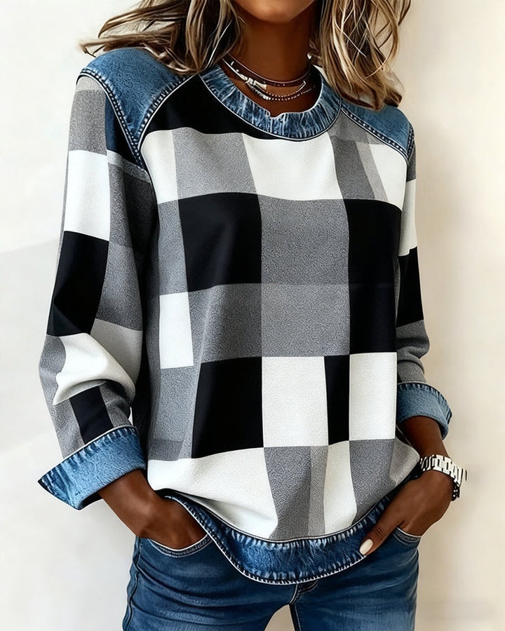 Oriane | Sweatshirt avec Patchwork à Carreaux et Couleur Contrastée