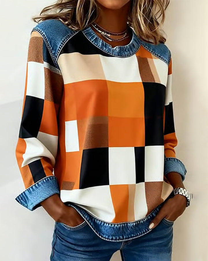 Oriane | Sweatshirt avec Patchwork à Carreaux et Couleur Contrastée