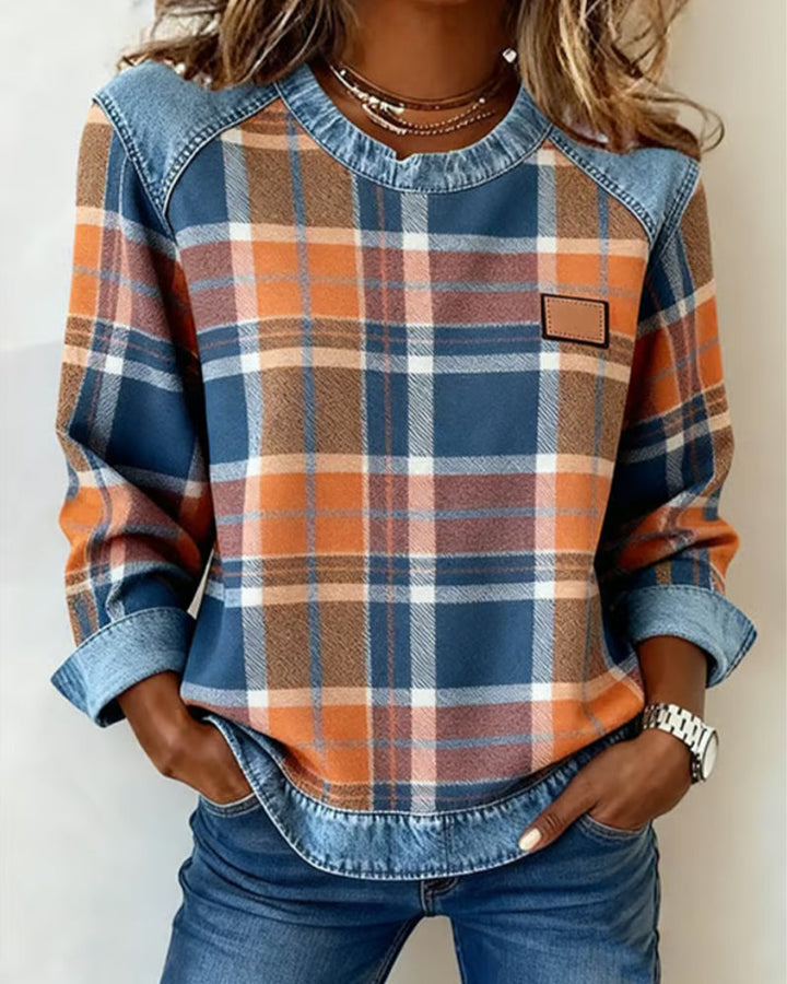 Arielle | Sweatshirt Femme en Denim à Patchwork Col Ronde