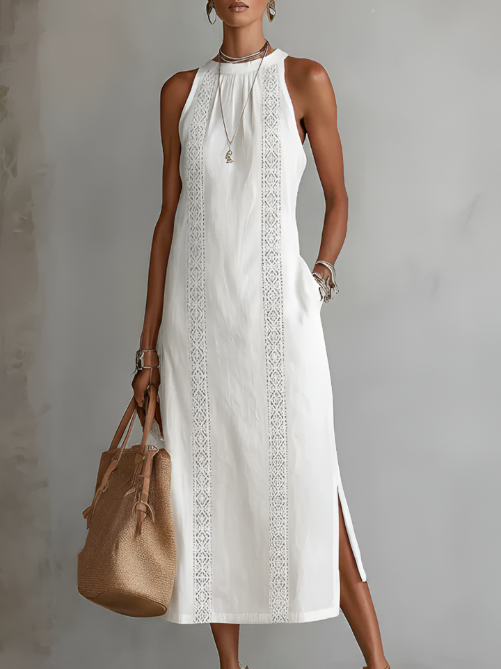 Noémie | Robe Midi Brodée à Col Mandarin
