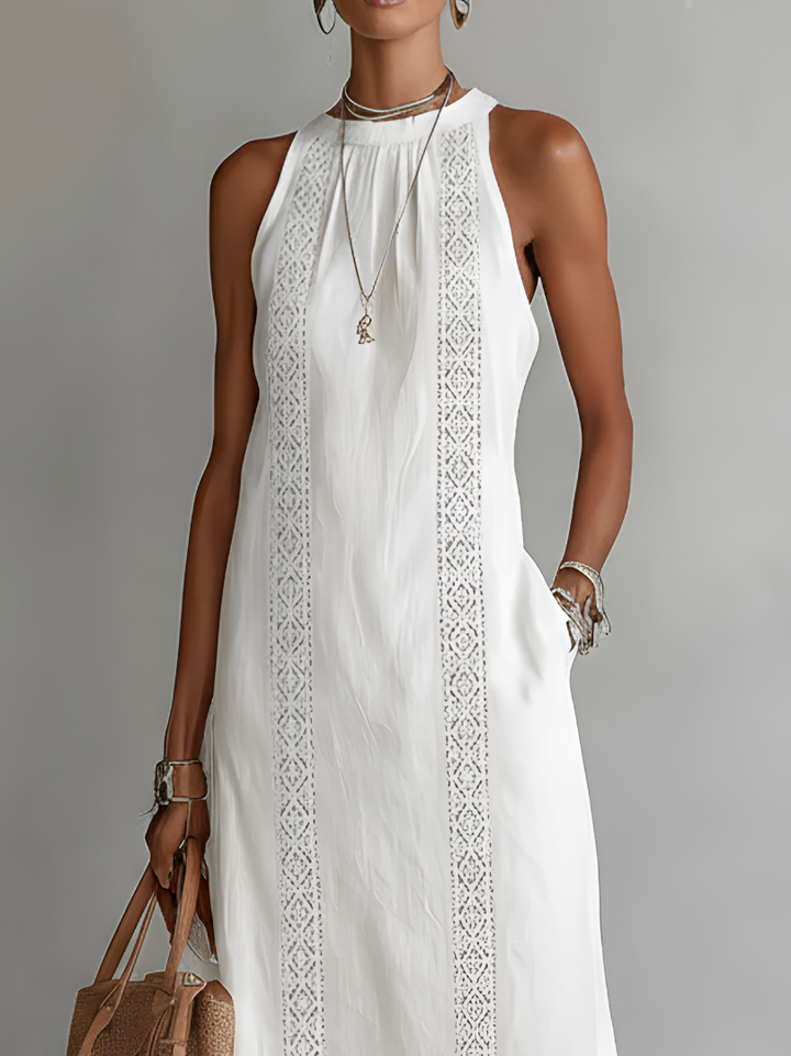 Noémie | Robe Midi Brodée à Col Mandarin