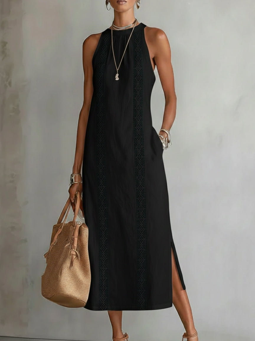 Noémie | Robe Midi Brodée à Col Mandarin