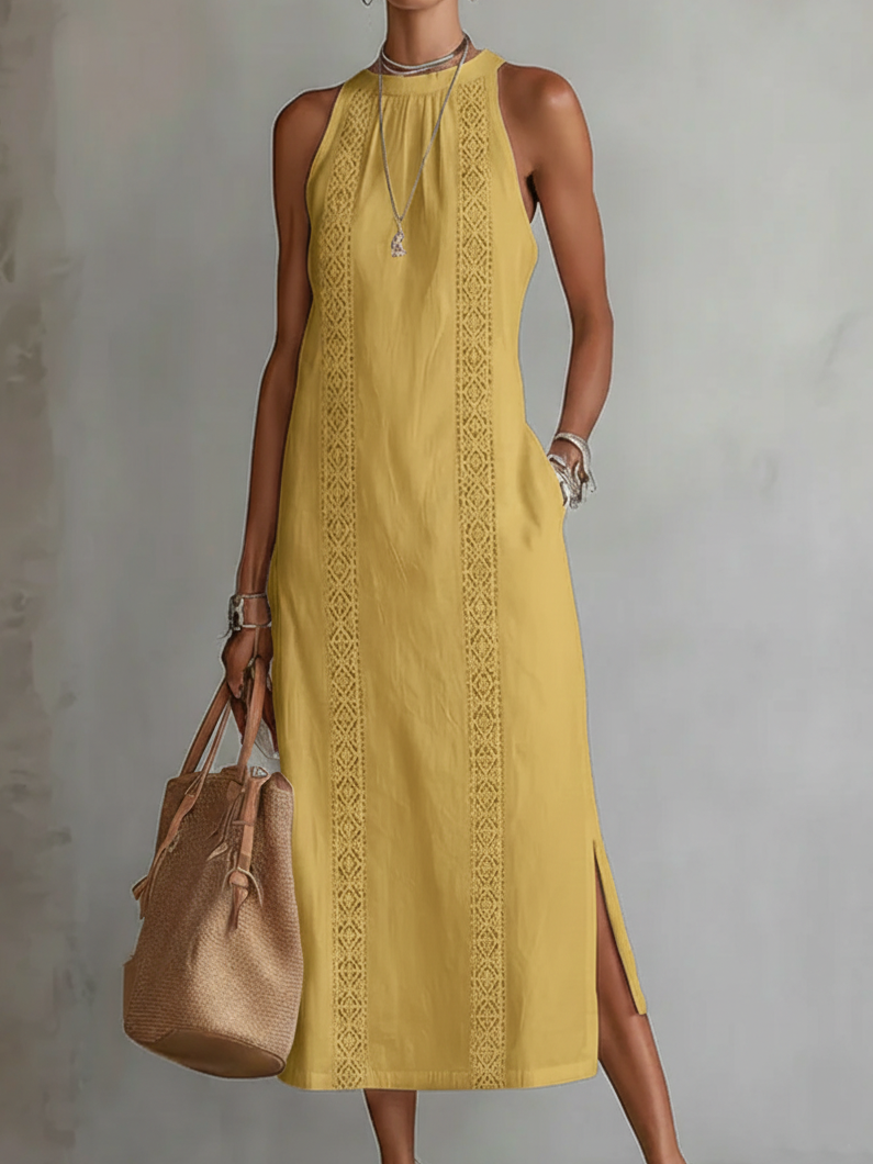 Noémie | Robe Midi Brodée à Col Mandarin
