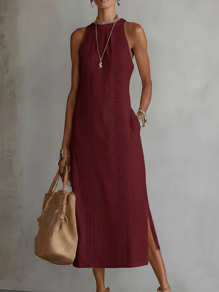 Noémie | Robe Midi Brodée à Col Mandarin
