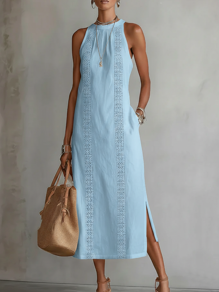 Noémie | Robe Midi Brodée à Col Mandarin